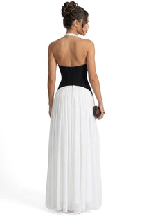 Agathe Halter Neck Pleated Gown With Contrast Corset Waistband - White