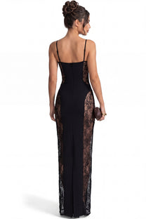 Mélodie Elegant Beaded Maxi Gown With Side Sheer Detailing - Black