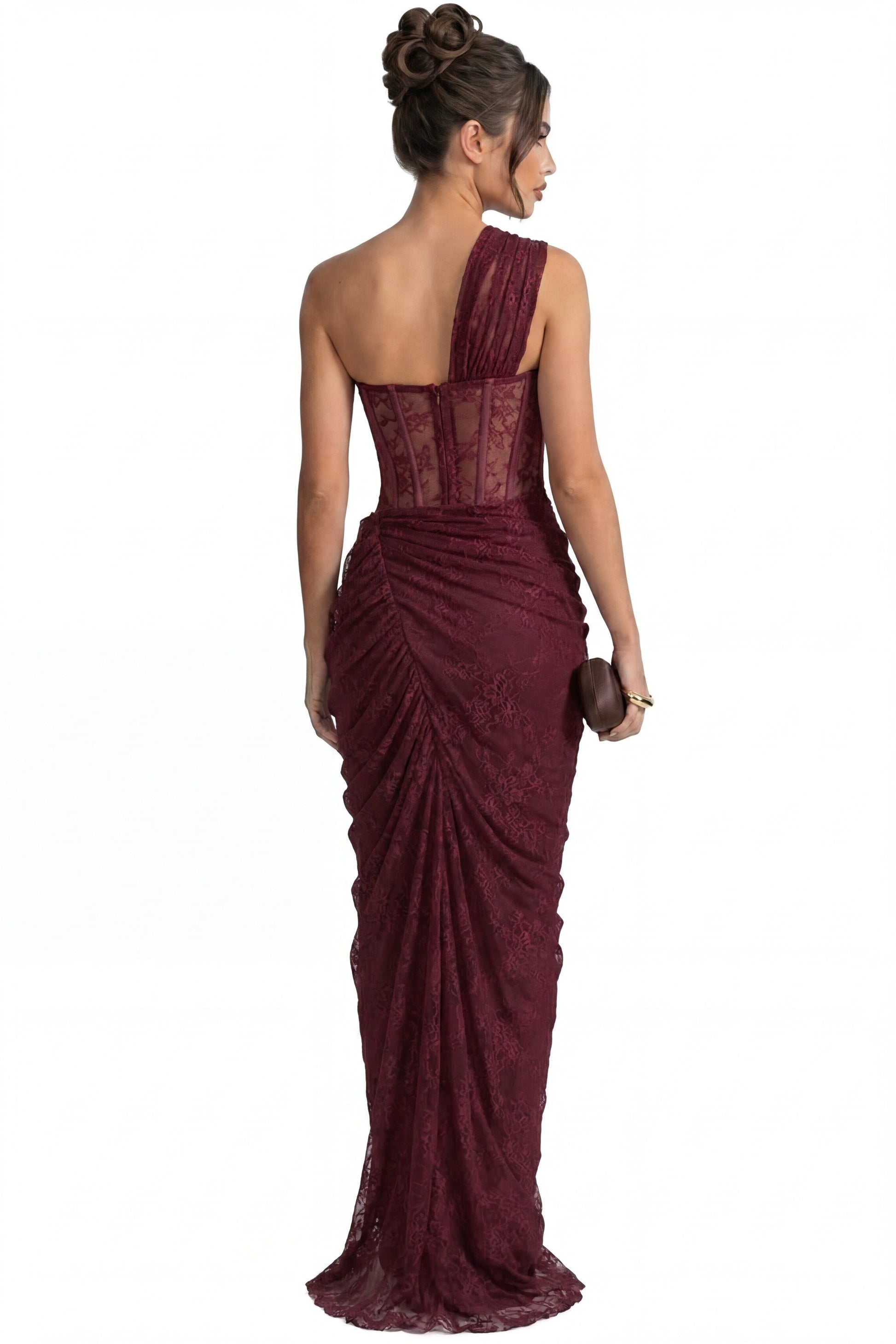 Séraphine One-Shoulder Lace Gown With Sheer Corset Bodice - Burgundy