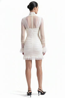 Théa High-Neck Ruched Mini Dress With Side Ruffle - White
