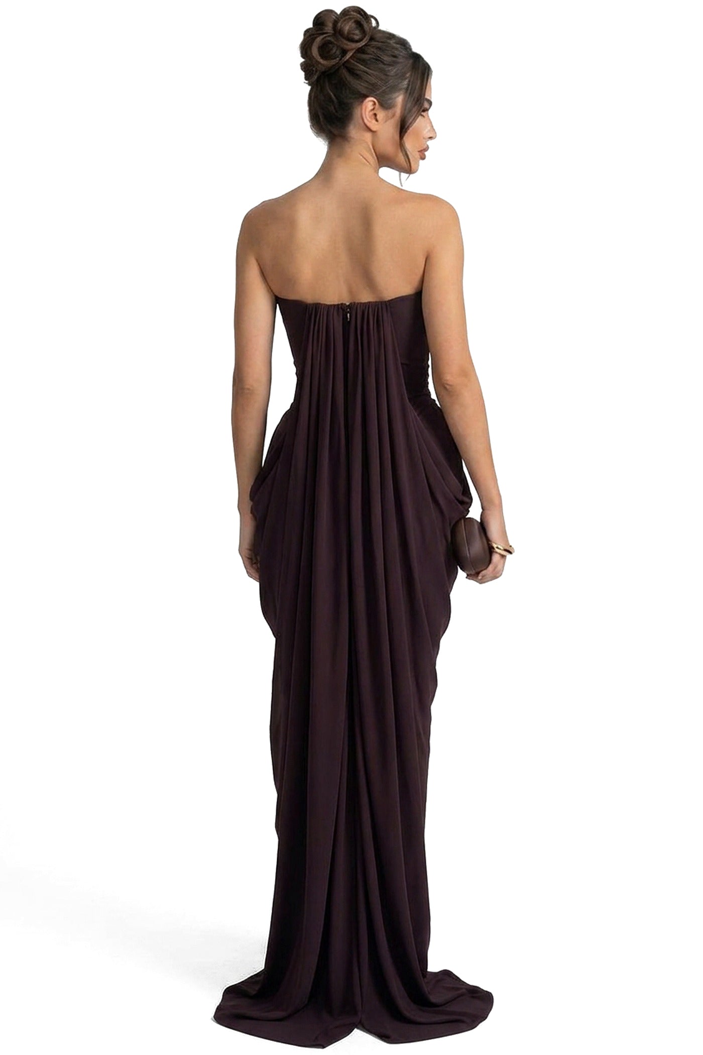 Arabelle Draped Strapless Gown With Ruched Waist Detail - Coffee