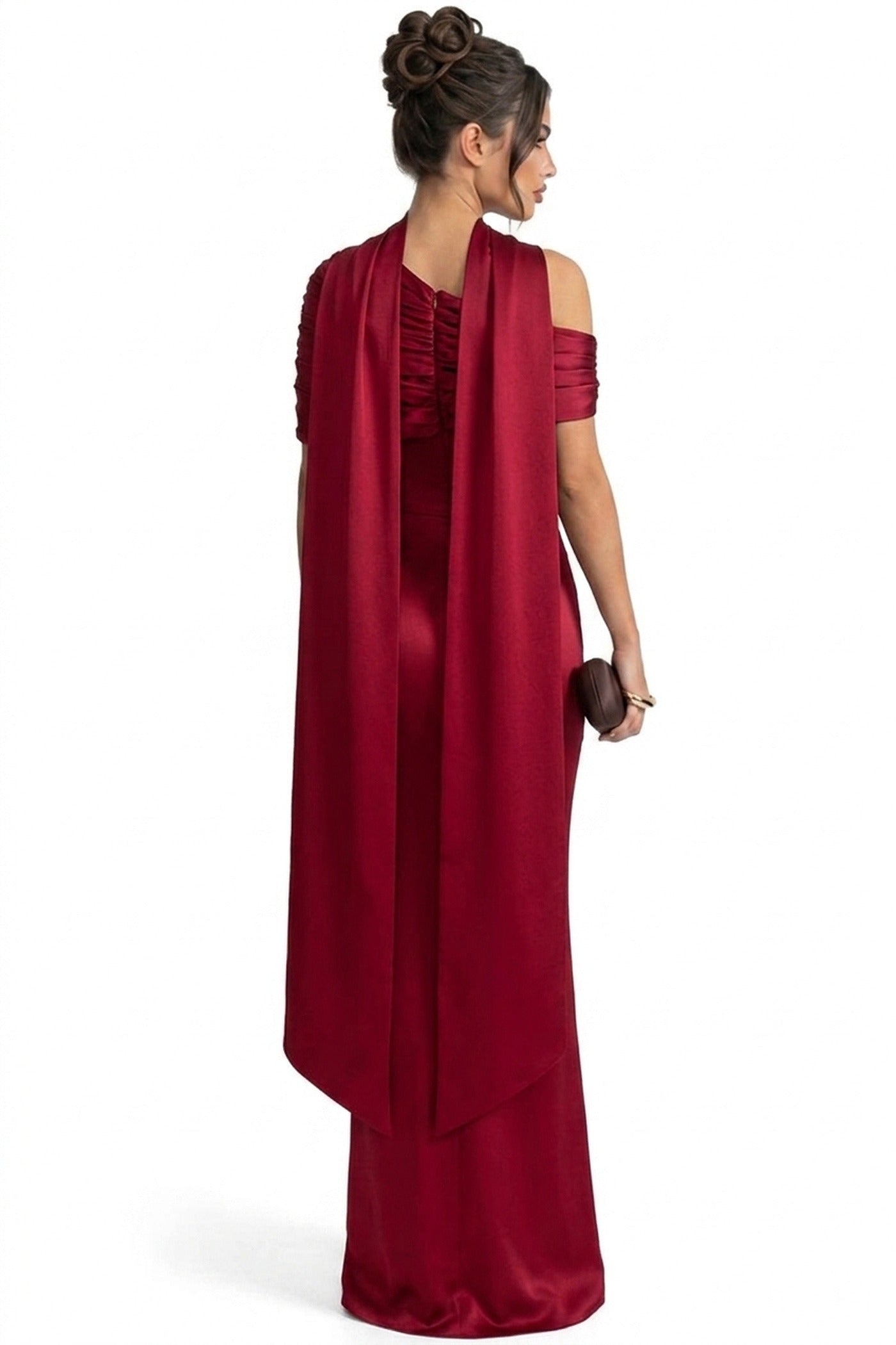 Ambrine Satin Column Gown With Draped Shoulder Wrap And High Neck - Red