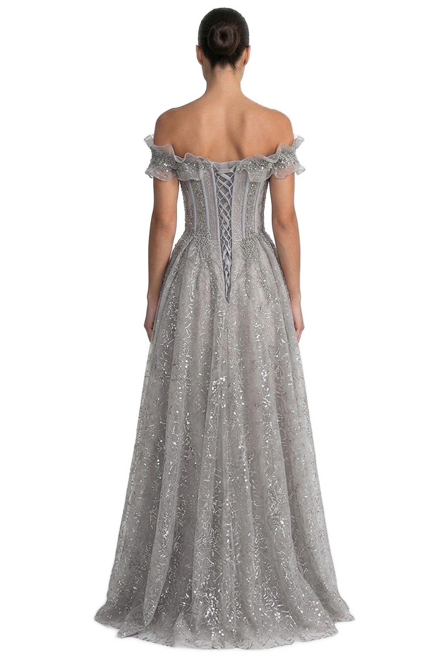 Damienne Off-Shoulder Glitter Tulle Ballgown With Beaded Corset And Ruffle Neckline - Light Gray
