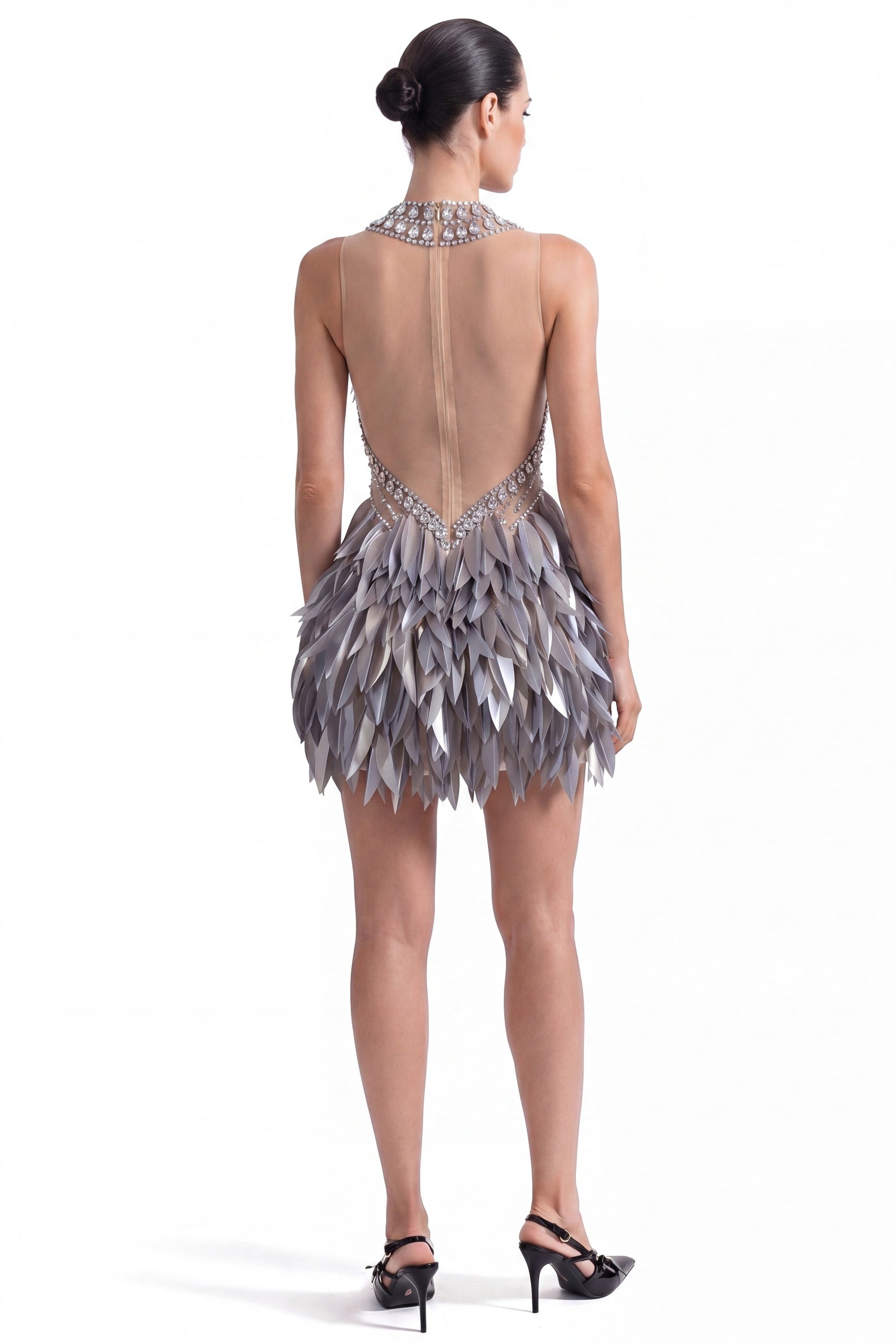 Laure Crystal-Halter Feather Mini Dress - Silver