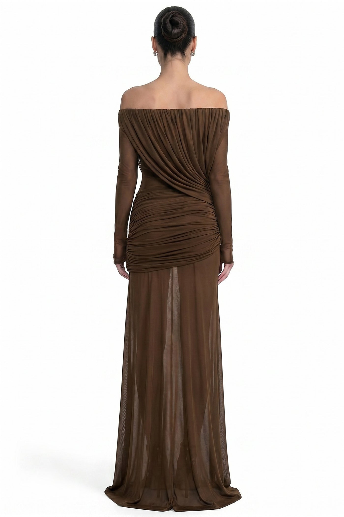 Eléonore Off-Shoulder Mesh Gown With Draped Long Sleeves - Coffee