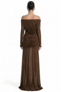 Eléonore Off-Shoulder Mesh Gown With Draped Long Sleeves - Coffee