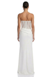 Christelle Strapless Gown With Sheer Boned Corset And Draped Skirt - White