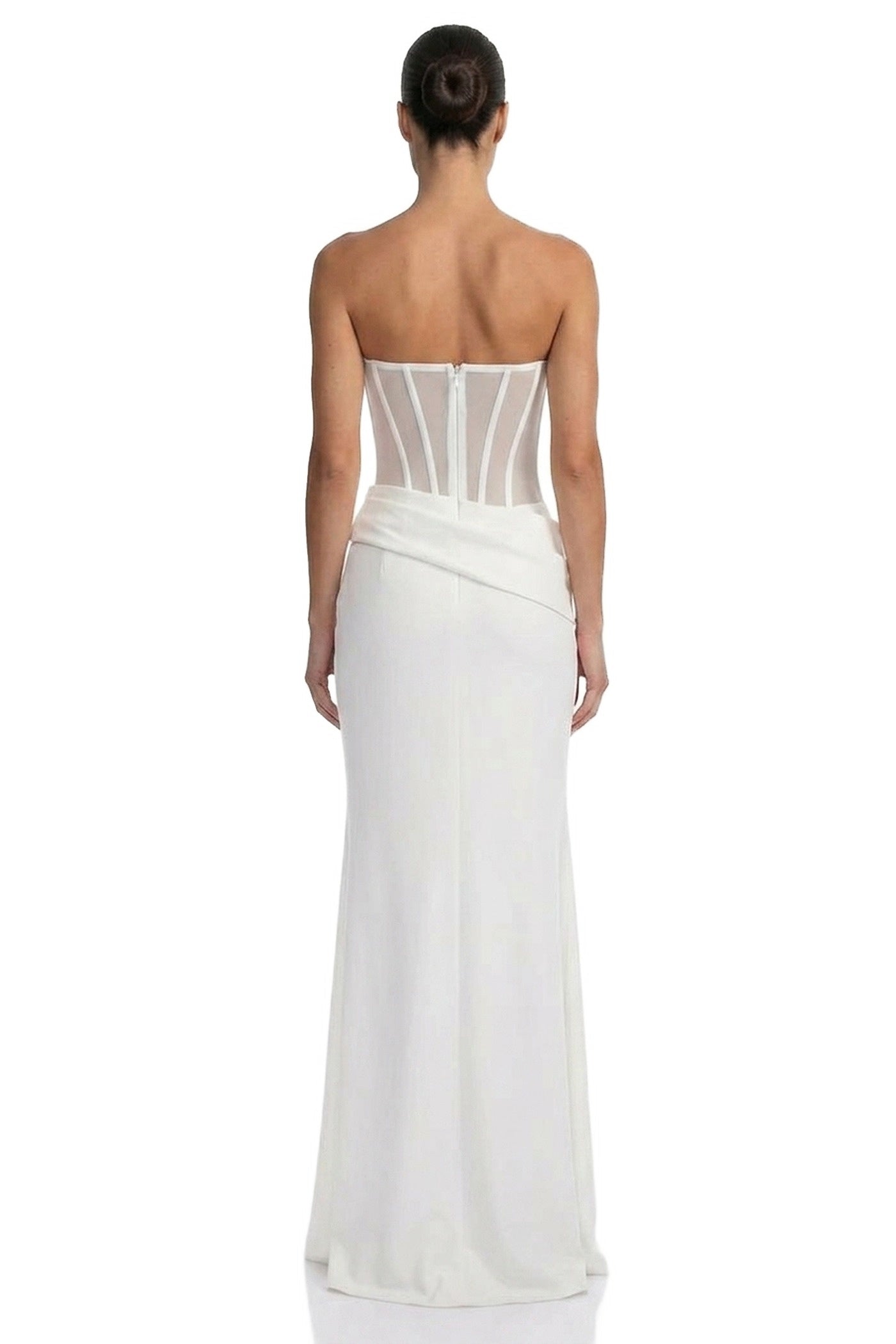 Christelle Strapless Gown With Sheer Boned Corset And Draped Skirt - White
