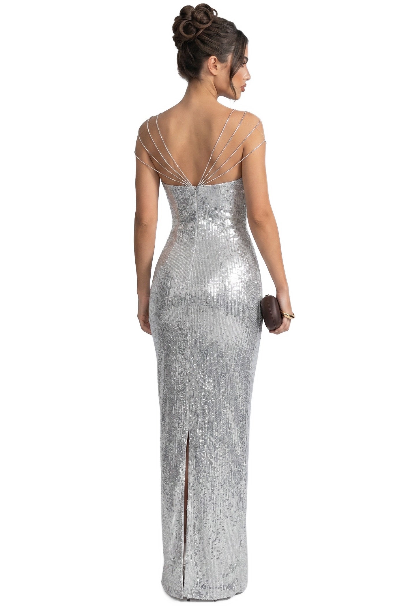 Mélisande Sequin Maxi Dress With Multi-Strap Neckline - Silver