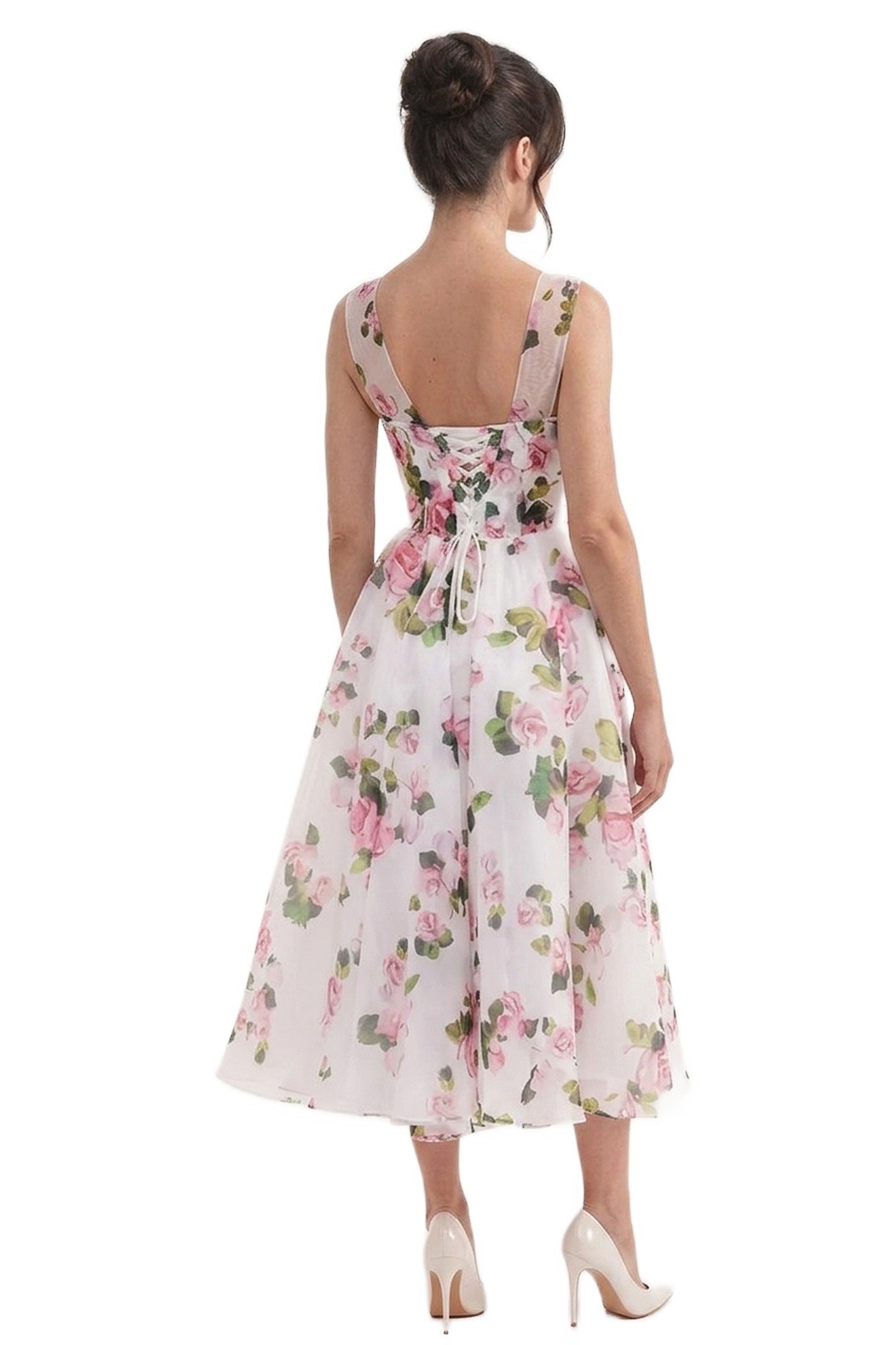 Florentine Off-Shoulder Floral Organza Dress With Corset Bodice And Bow Straps - Floral