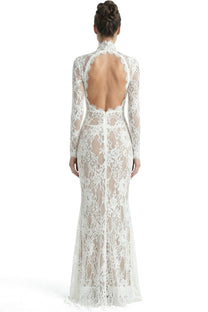Scarlett Sheer Lace Gown With High Neck And Cutout Bodice And Front Slit - White