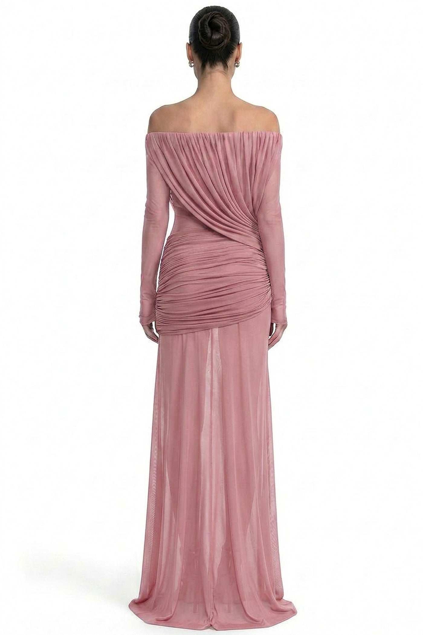 Eléonore Off-Shoulder Mesh Gown With Draped Long Sleeves - Pink