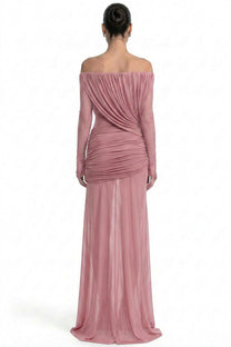 Eléonore Off-Shoulder Mesh Gown With Draped Long Sleeves - Pink