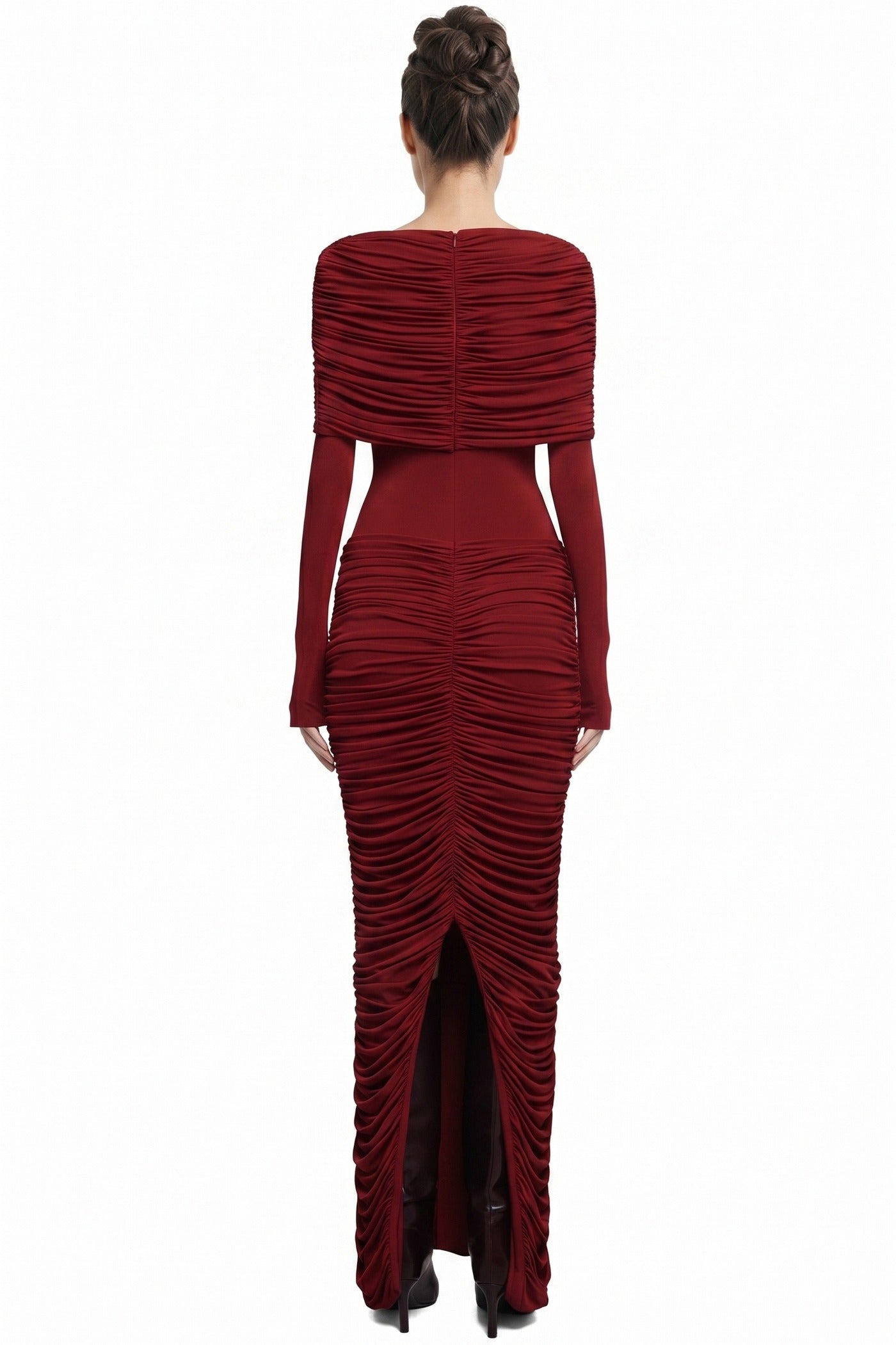 Edmée All-Over Ruched Maxi Dress With Short Sleeves - Red