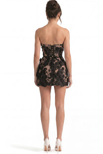 Roxane Strapless Floral Lace Mini Dress With Corset Back - Black