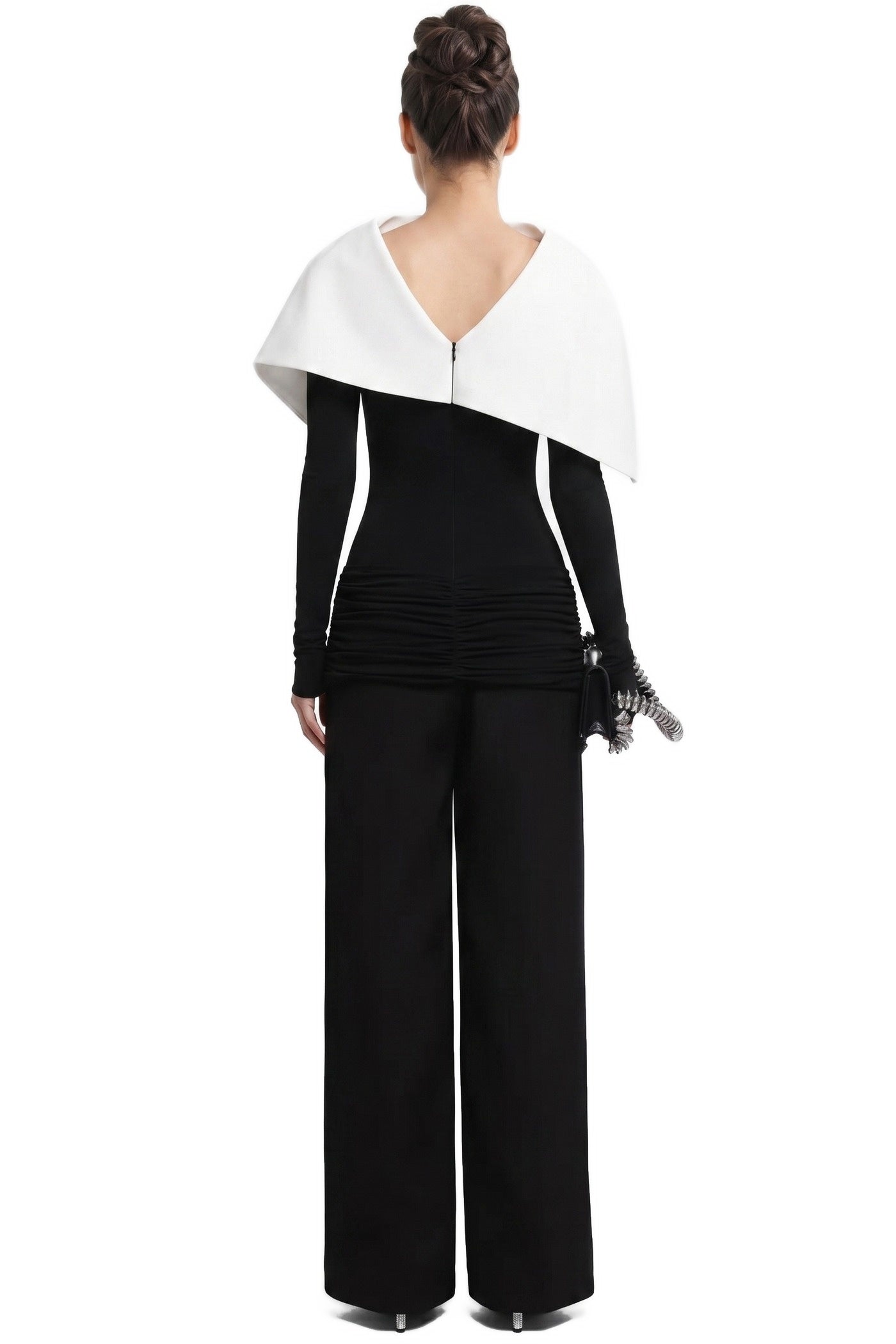 Avelyne Contrast Cape Top With Ruched Waist Detailing - Black/White