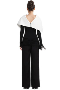 Avelyne Contrast Cape Top With Ruched Waist Detailing - Black/White