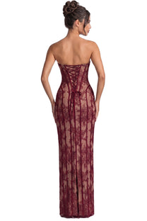 Célindre Strapless Lace Maxi Dress With Sweetheart Corset - Burgundy