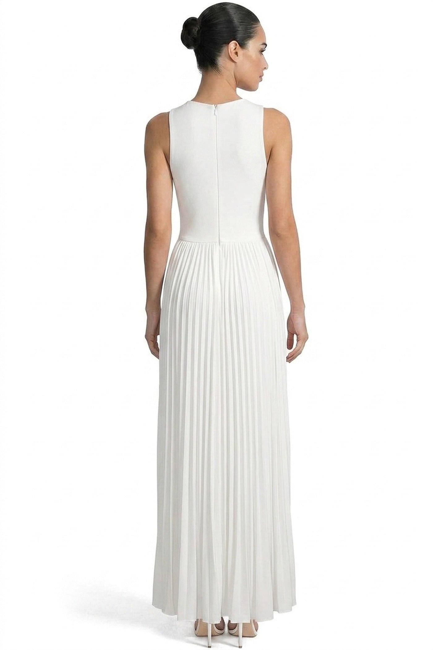 Laureline Sleeveless Ruched Gown With Diagonal Drape And High Side Slit - White