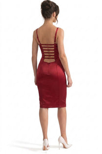 Yolande Satin Midi Dress With Velvet Corset Bodice And Button Front - Red