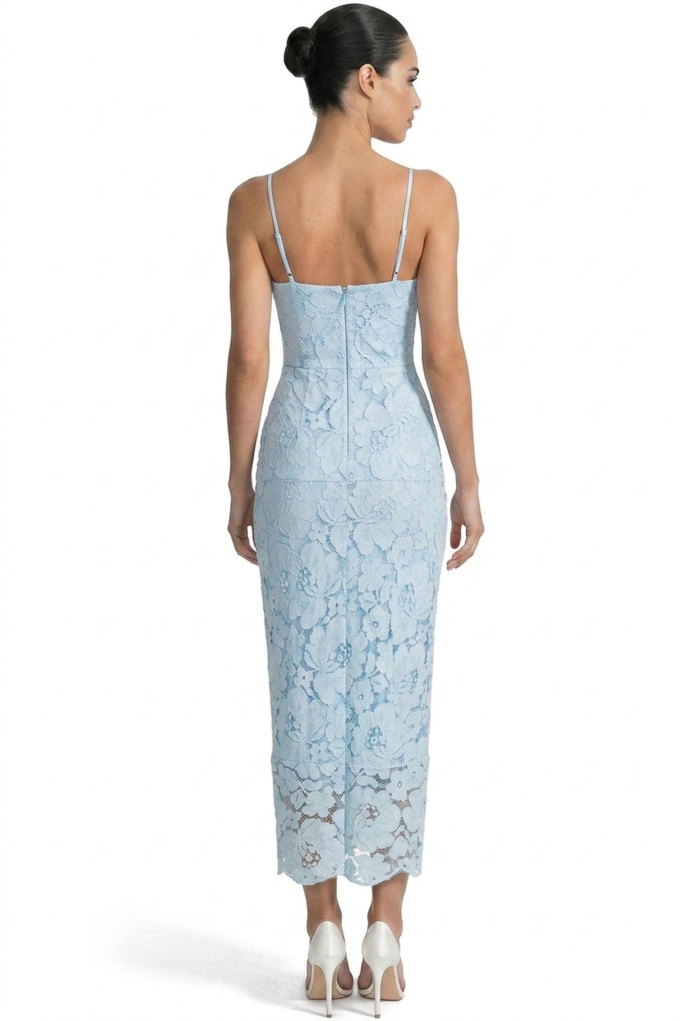 Iris Lace Midi Dress With Sweetheart Corset And 3D Rose Detail - Blue