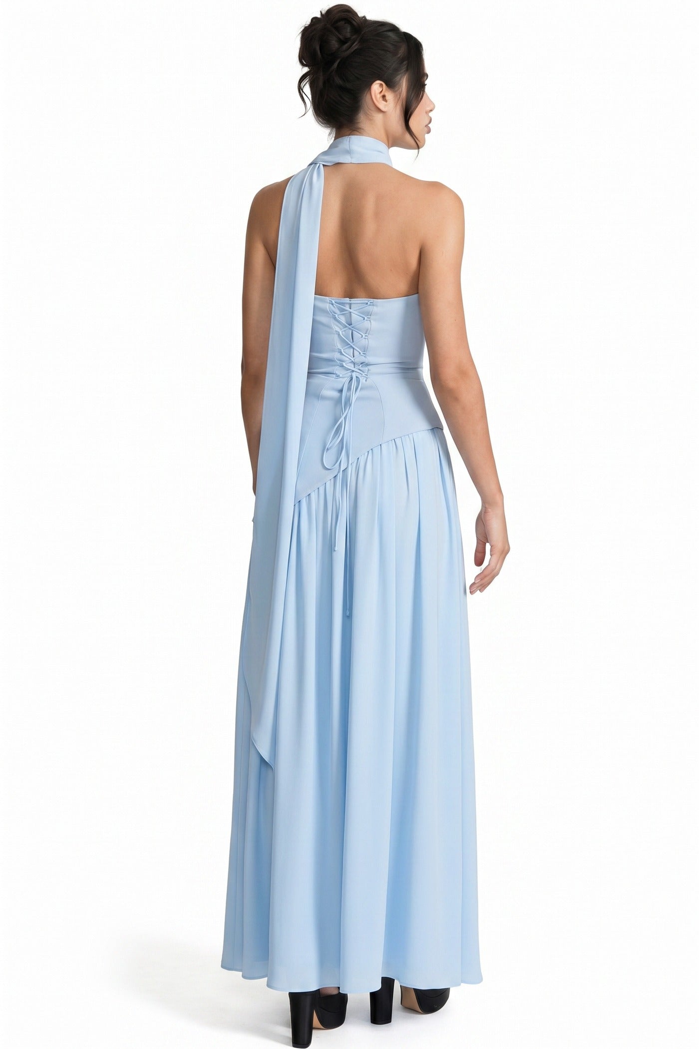 Yolène Strapless Ruched Maxi Dress With Draped Side Slit - Light Bue