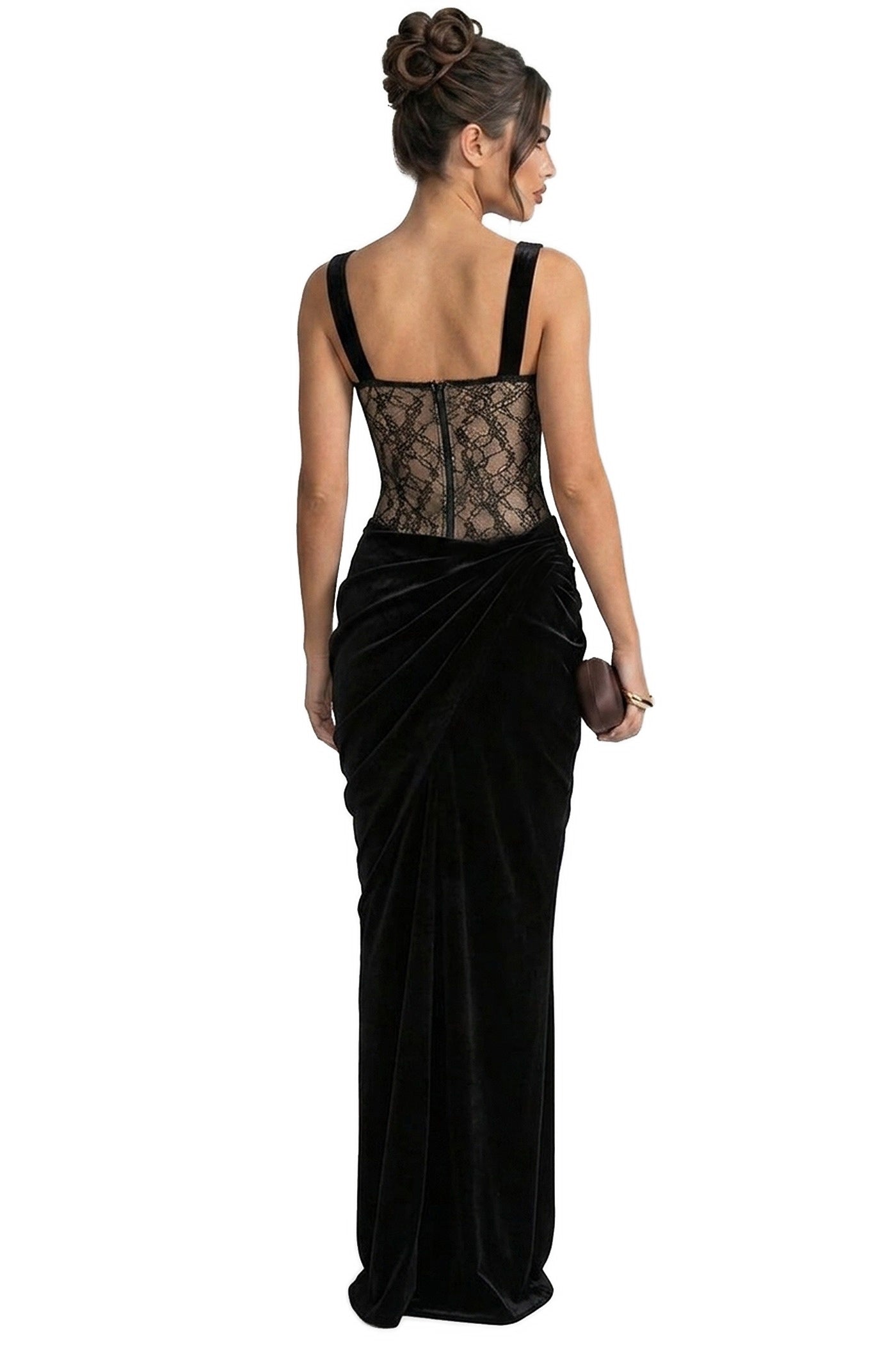 Aria Velvet Mermaid Gown With Lace Corset Bodice And Side Cutout - Black
