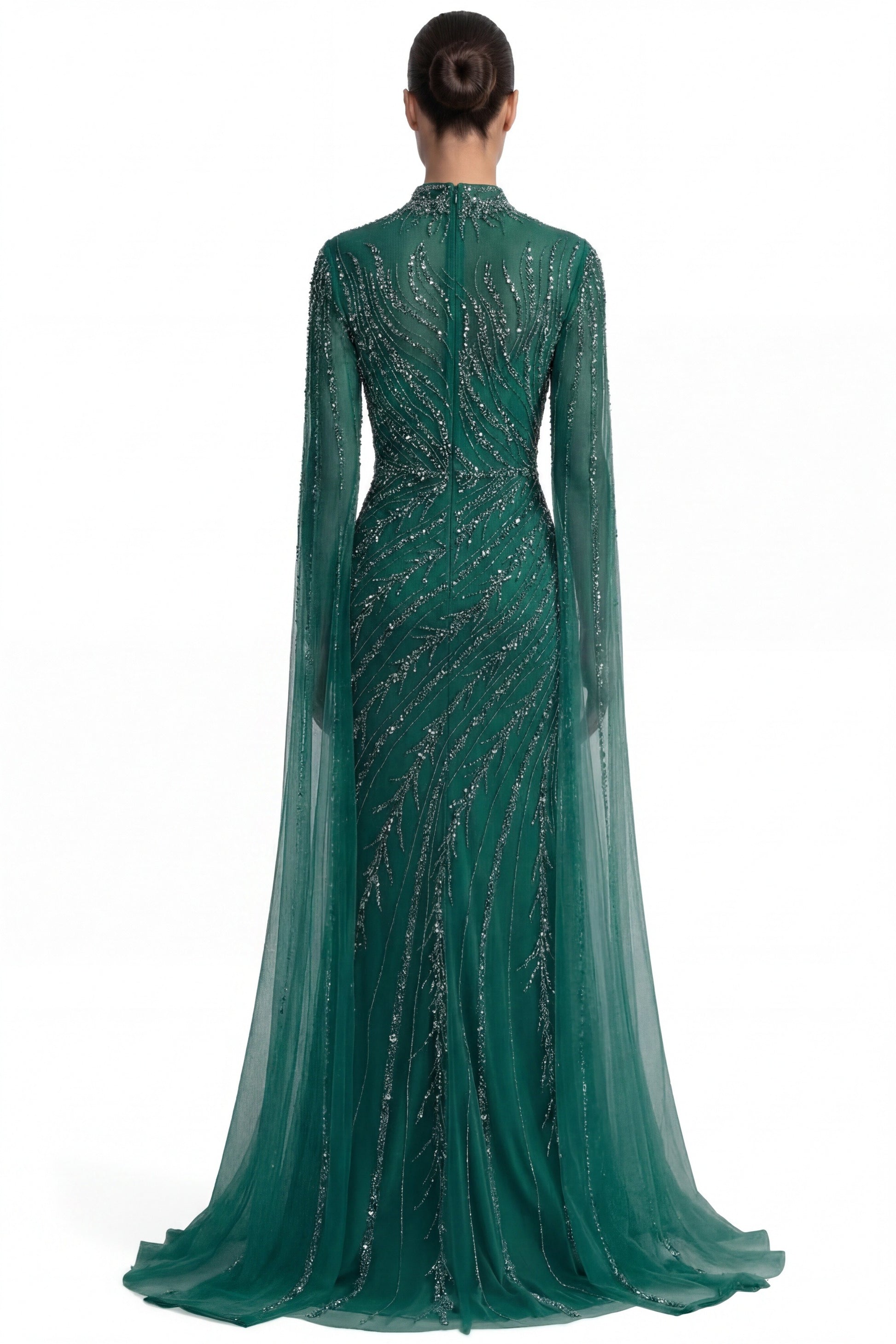 Lumière Embellished Long Sleeve Maxi Dress With Sheer Veil Sleeves - Green