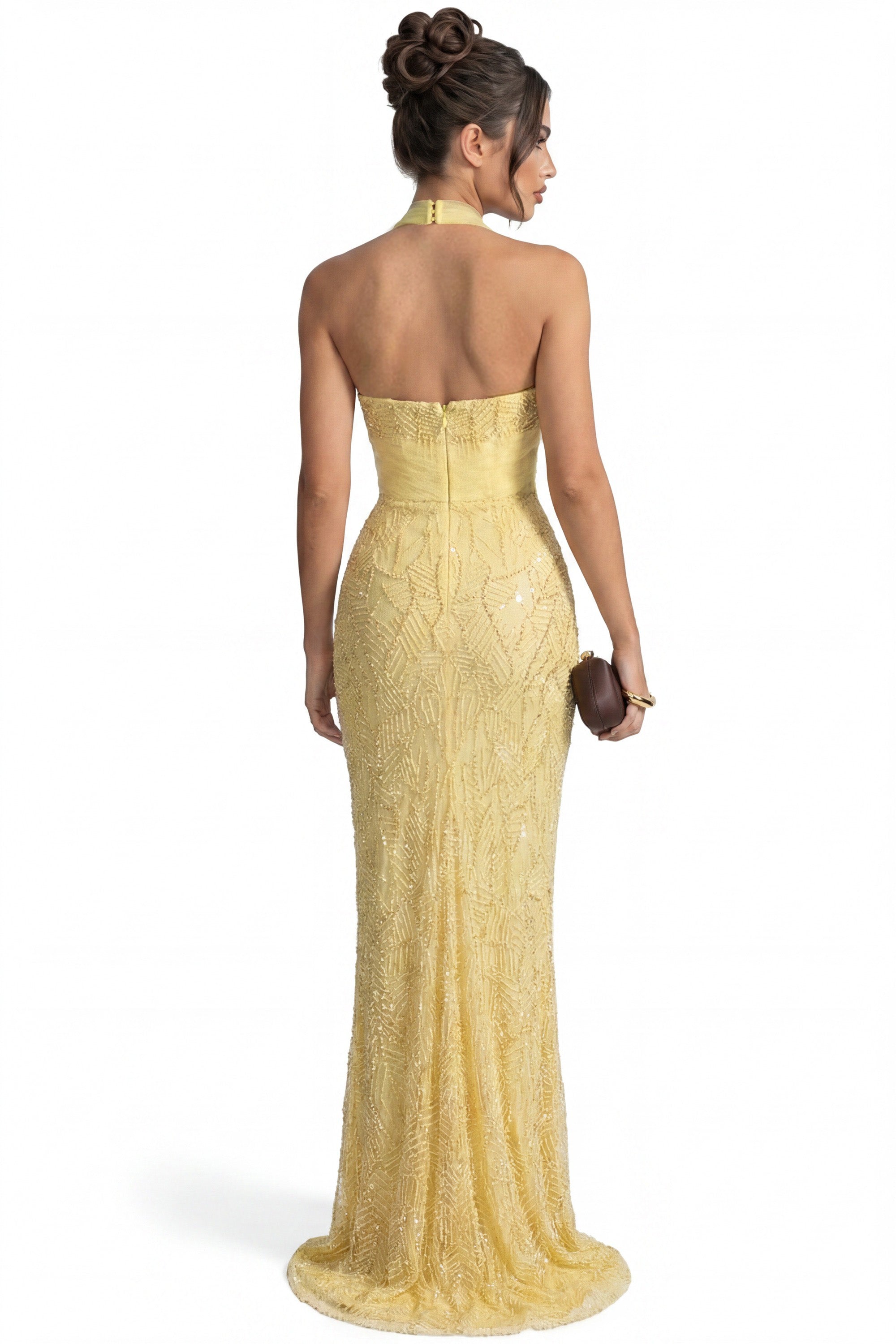 Ophélie Sequin Mermaid Gown With Tulle Halter Neck And Bow Detail - Yellow