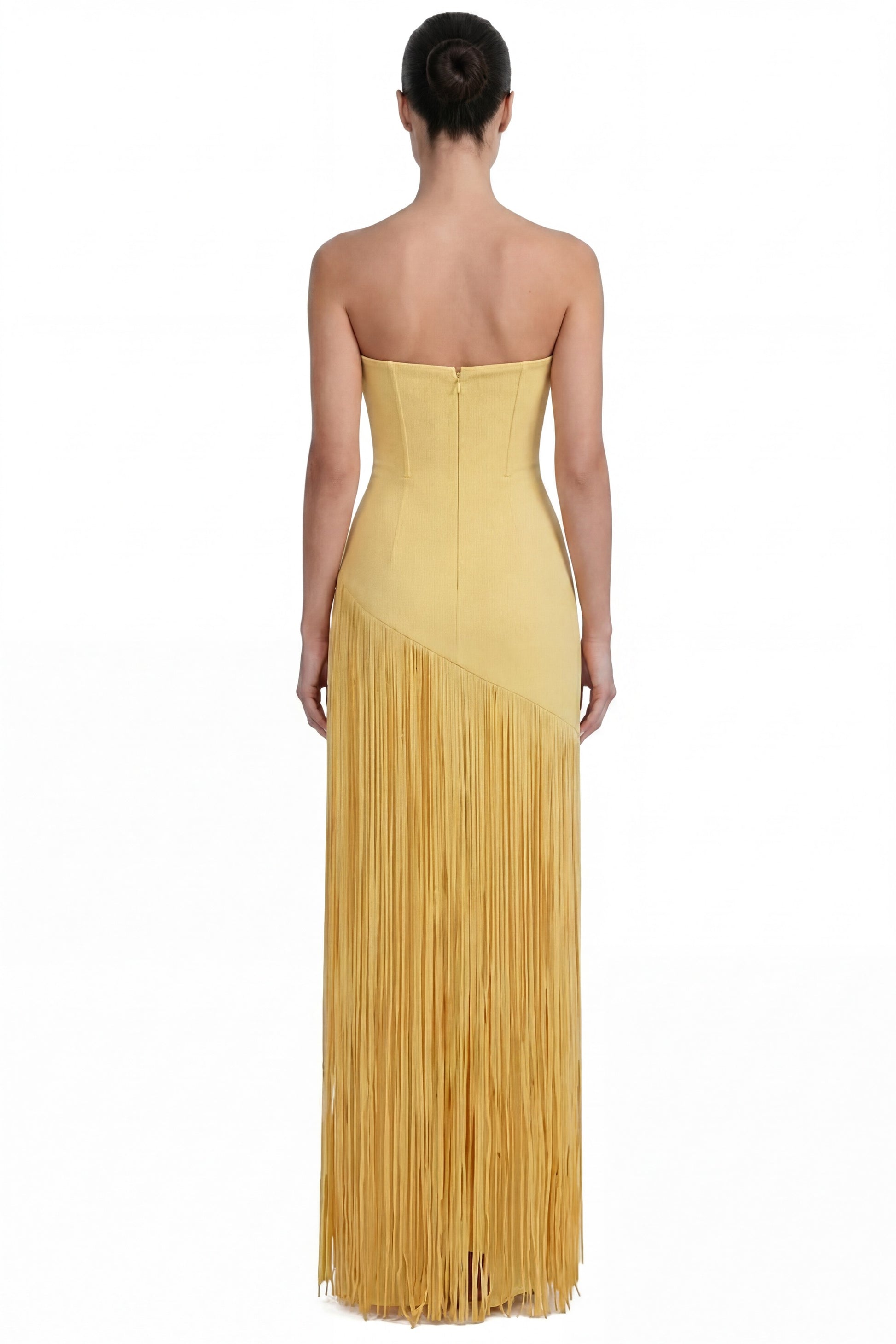 Madeleine Fringe Skirt Maxi Dress With Detachable Cape-Sleeve - Yellow