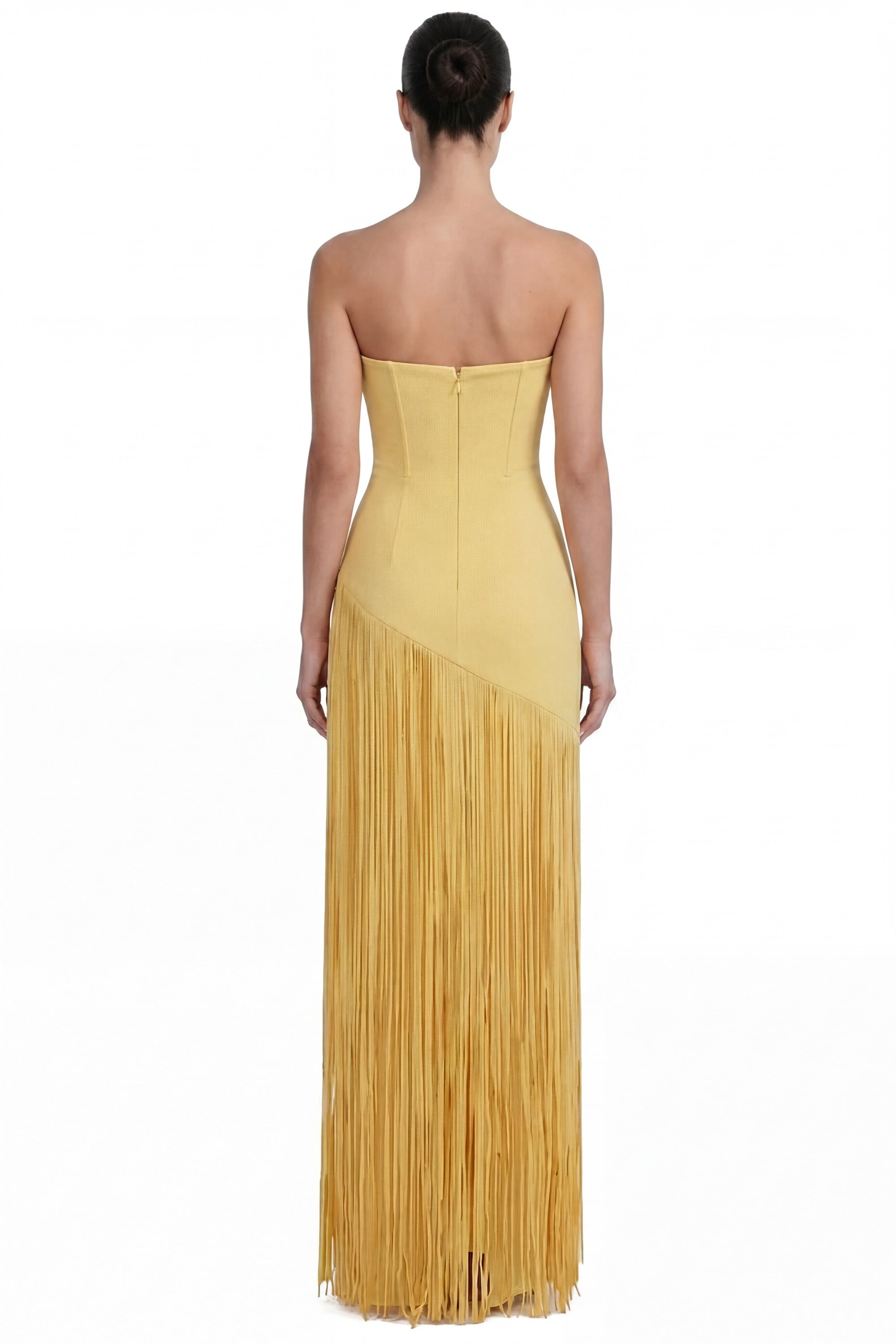 Madeleine Fringe Skirt Maxi Dress With Detachable Cape-Sleeve - Yellow