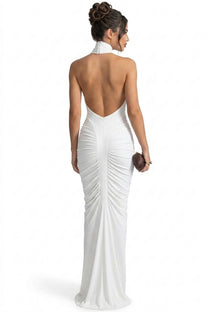 Sylvaine Halter Neck Ruched Mermaid Gown With Open Back - White
