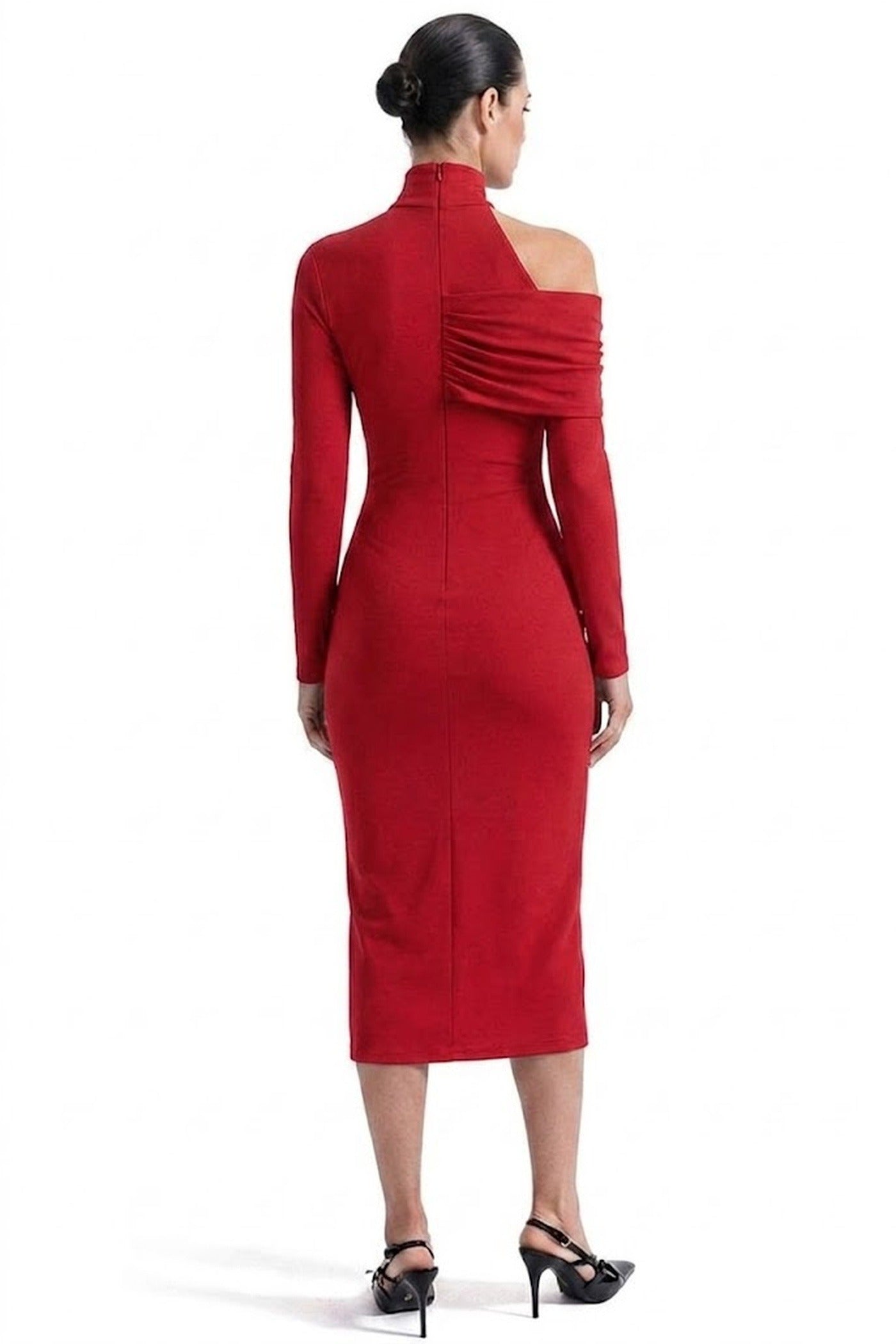 Charline Draped Cold-Shoulder Midi Dress With Front Slit - Red