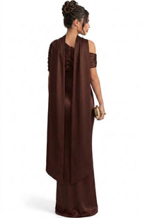 Ambrine Satin Column Gown With Draped Shoulder Wrap And High Neck - Brown