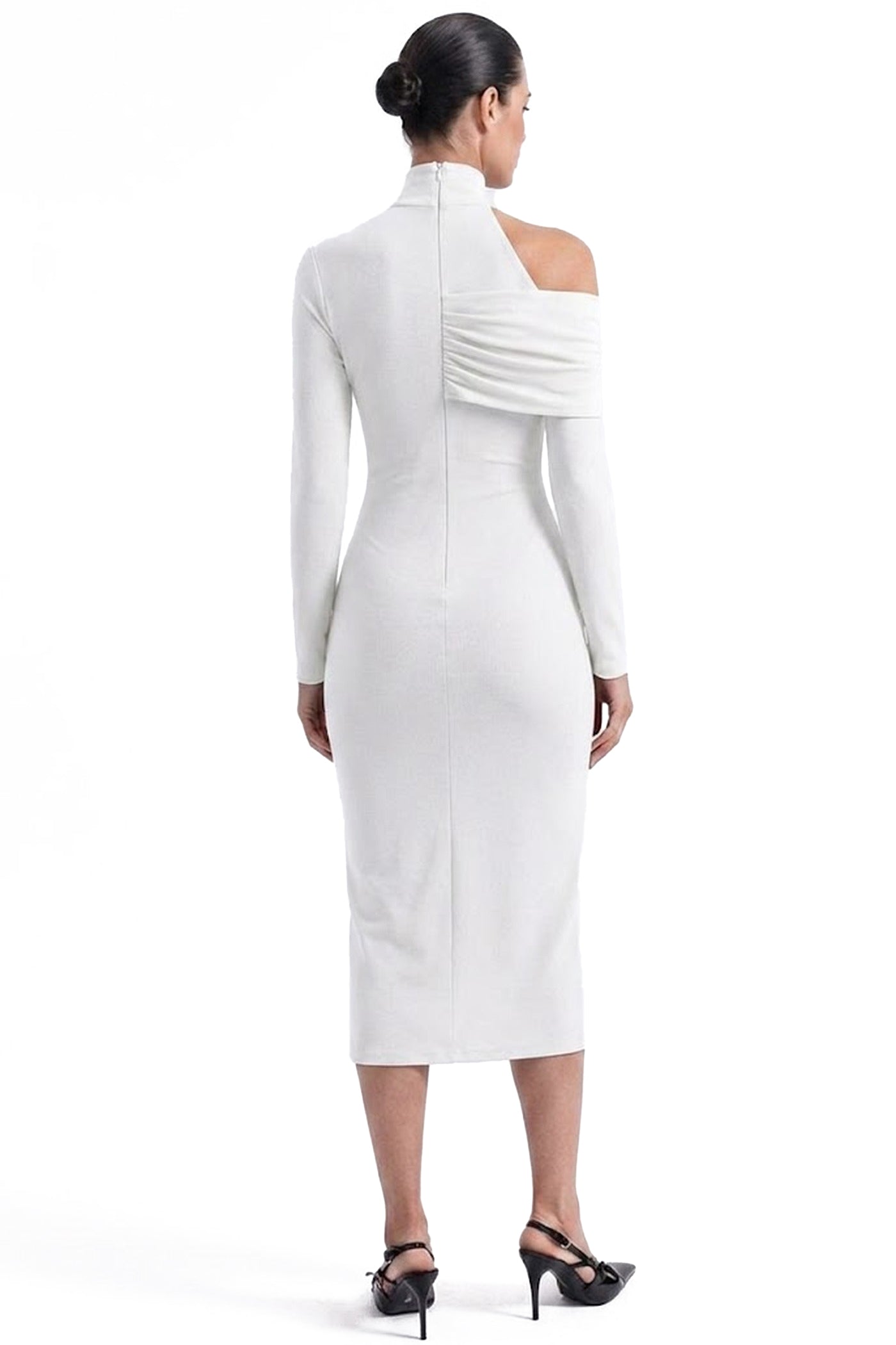 Charline Draped Cold-Shoulder Midi Dress With Front Slit - White