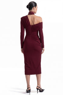 Charline Draped Cold-Shoulder Midi Dress With Front Slit - Burgundy