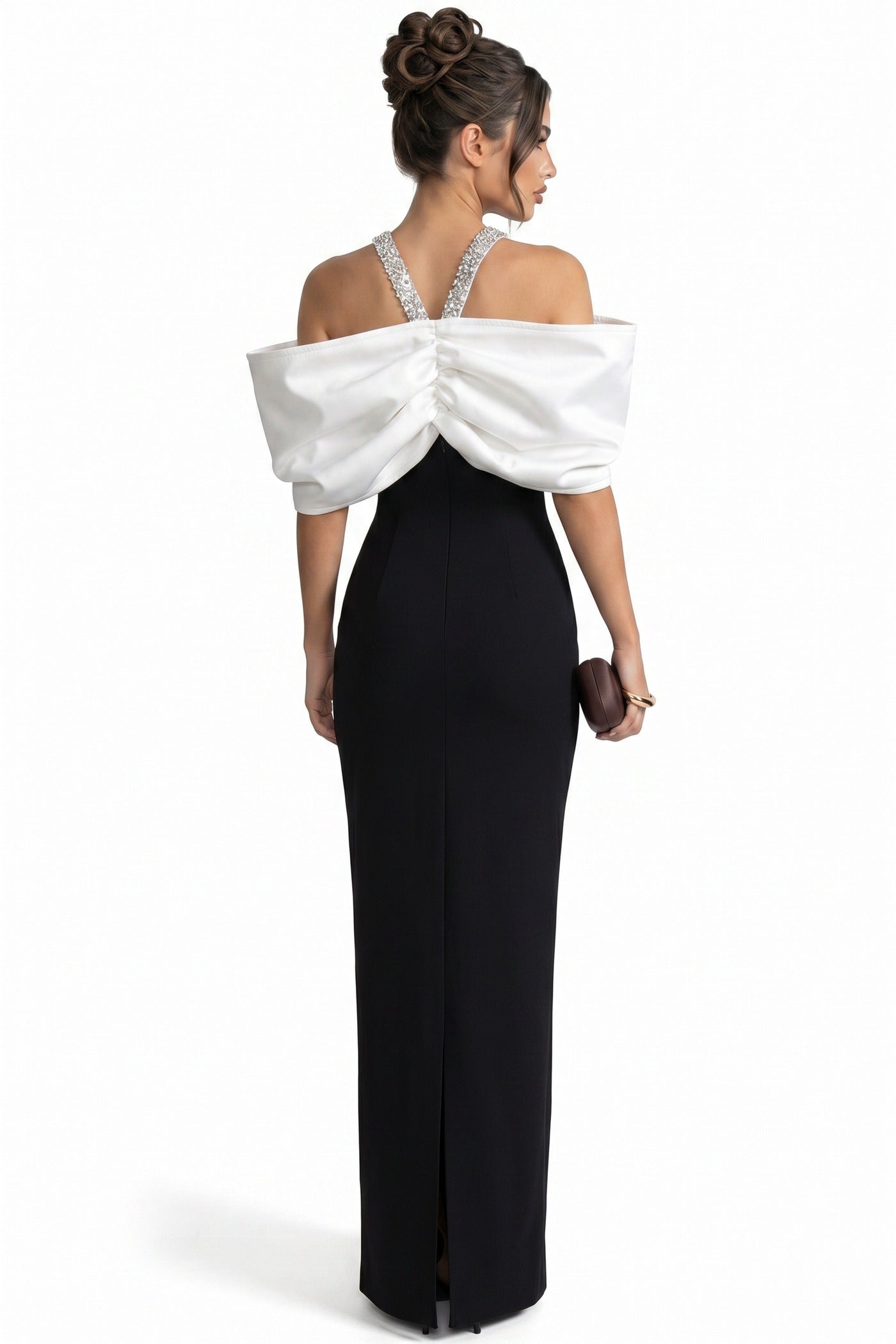 Viviane Off-Shoulder Draped Maxi Dress With Crystal Straps - Black/White