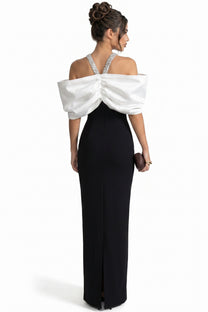 Viviane Off-Shoulder Draped Maxi Dress With Crystal Straps - Black/White