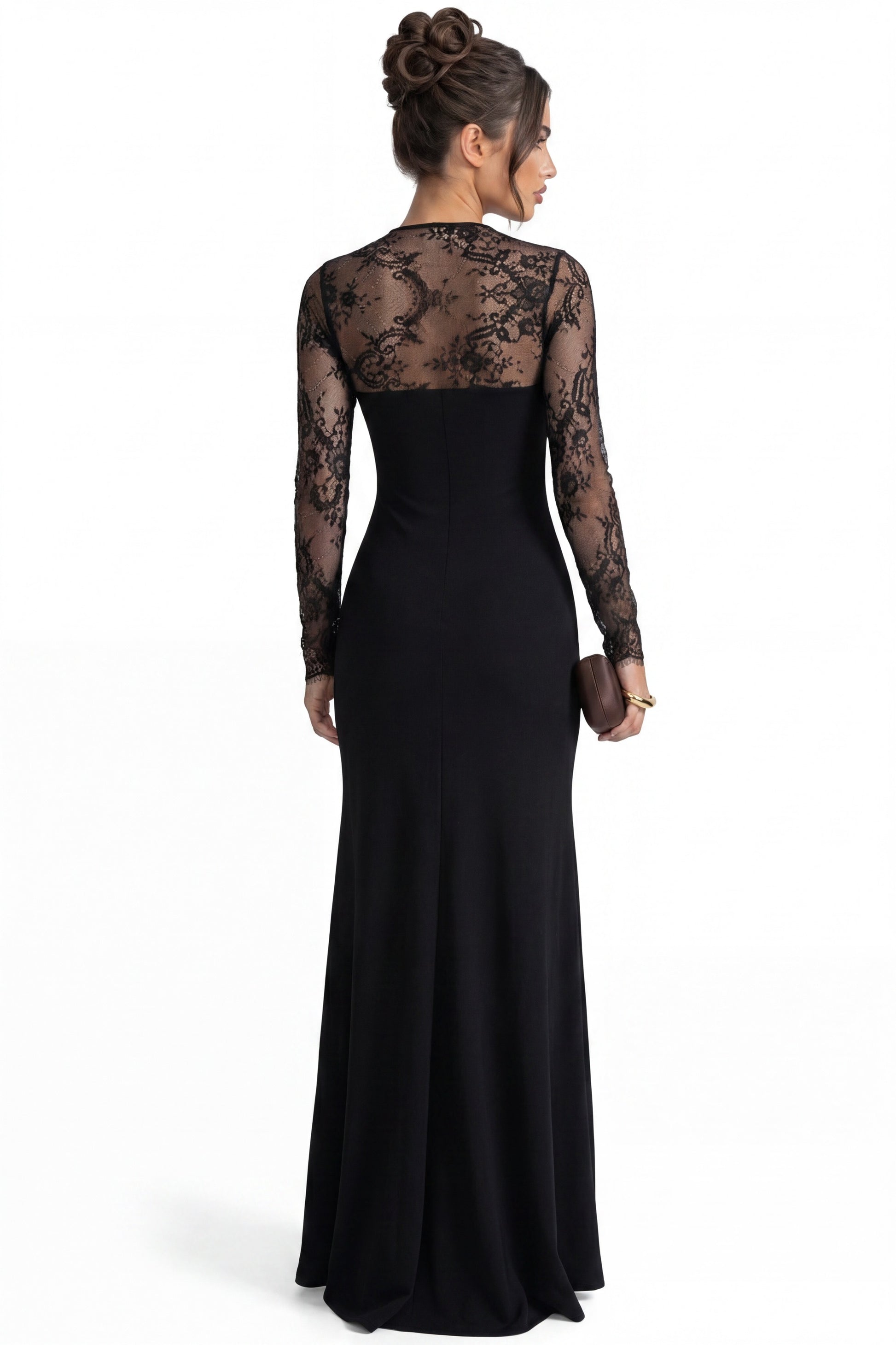 Armelle Maxikleid mit langen Ärmeln und Spitzenoberteil – Schwarz