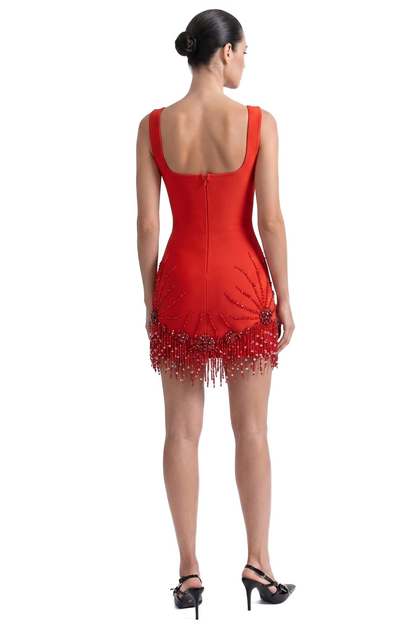 Ozanne Square-Neck Mini Dress With Crystal Fringe Hem - Red