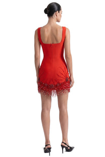 Ozanne Square-Neck Mini Dress With Crystal Fringe Hem - Red