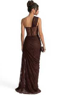 Séraphine One-Shoulder Lace Gown With Sheer Corset Bodice - Brown