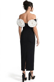 Dorothée Fitted Maxi Gown With Oversized 3D Floral Shoulders - Black