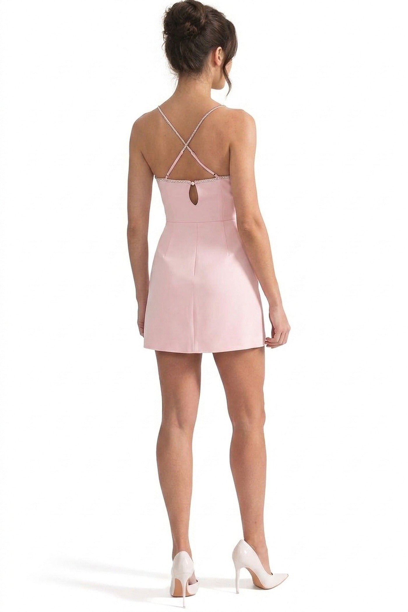 Jolie Mini Dress With 3D Rose Cups And Crystal Straps And Side Slit - Pink