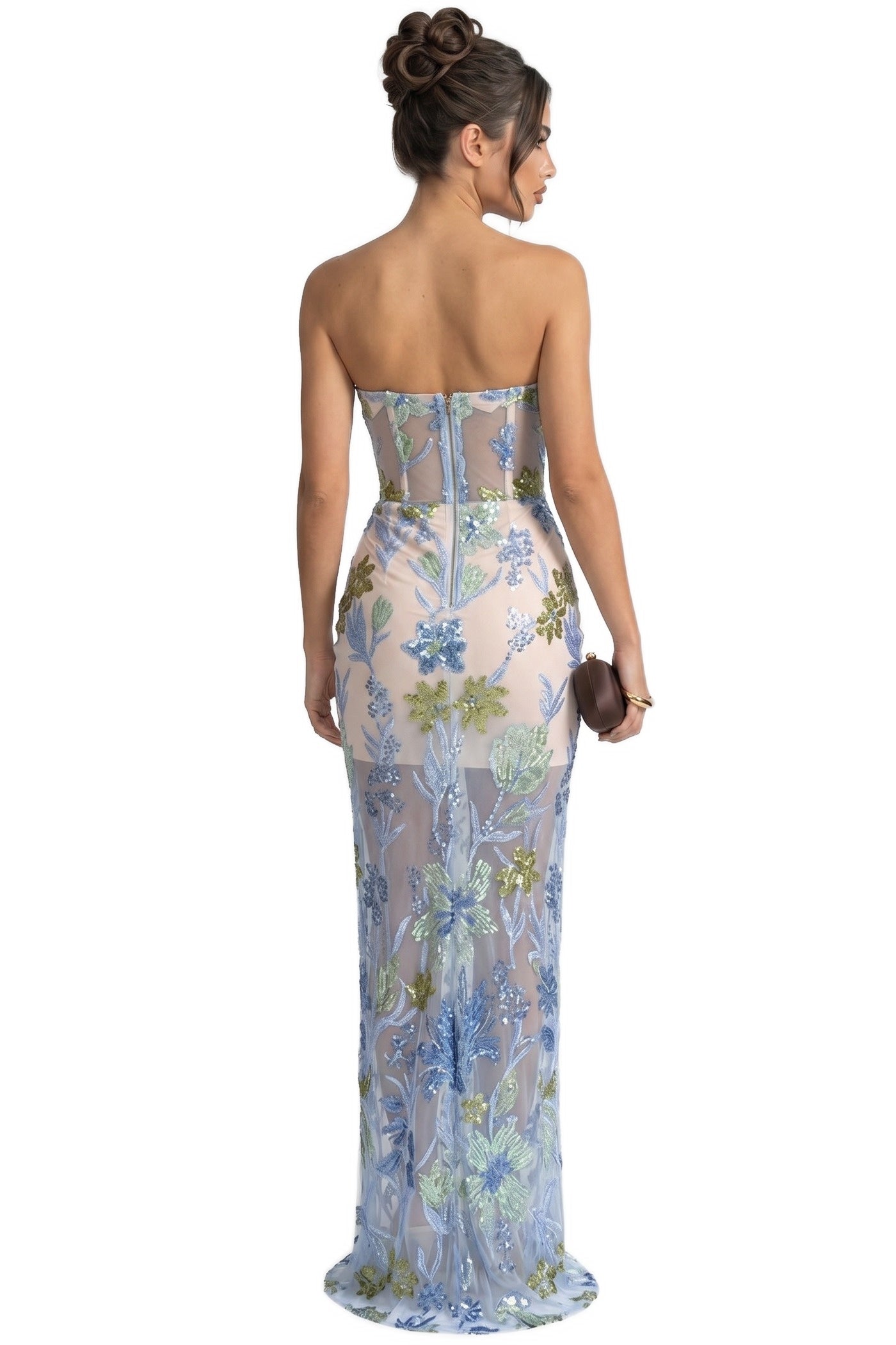 Herminie Strapless Floral Sequin Maxi Dress With Column Silhouette - Light Blue