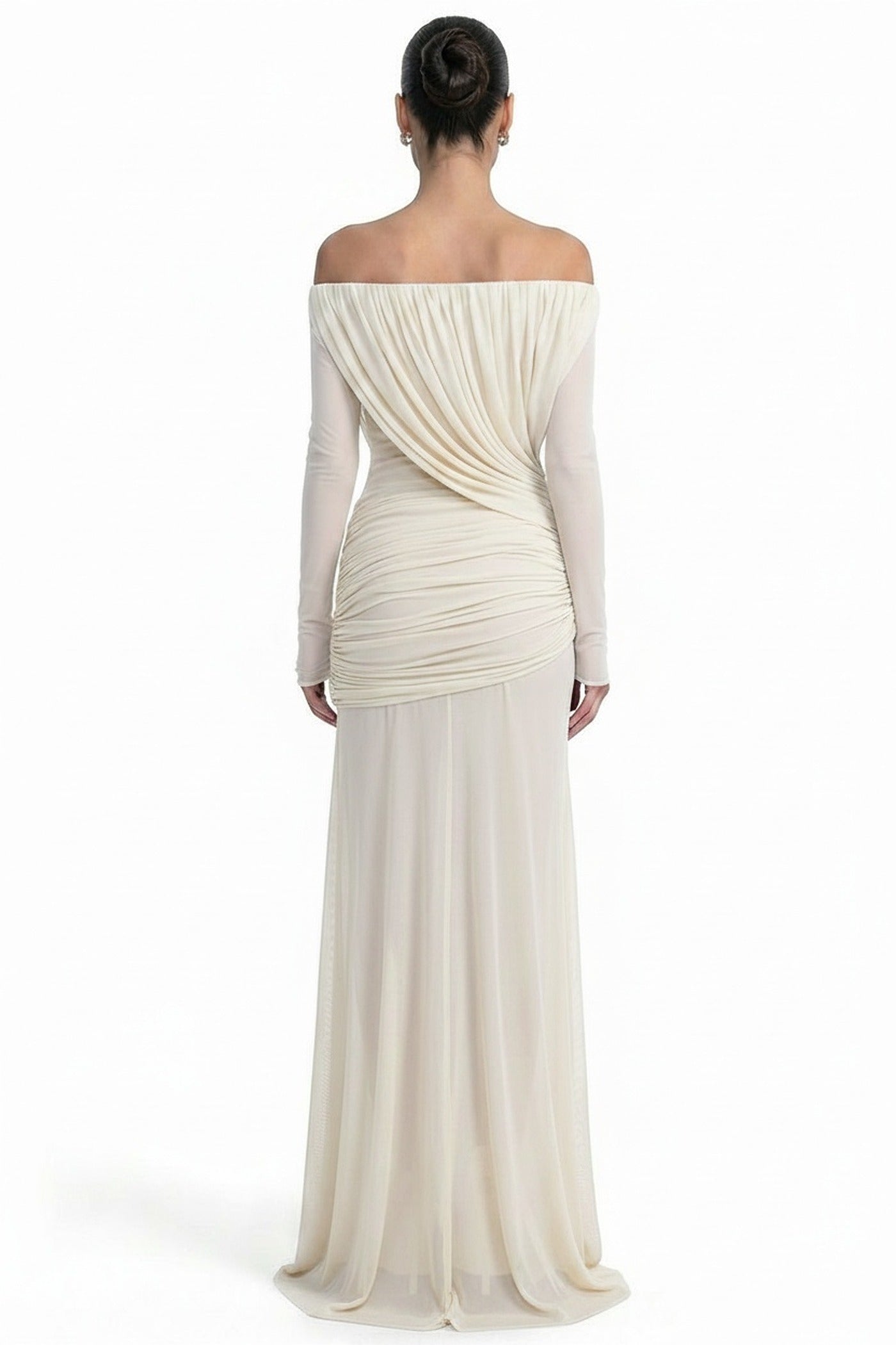 Eléonore Off-Shoulder Mesh Gown With Draped Long Sleeves - White
