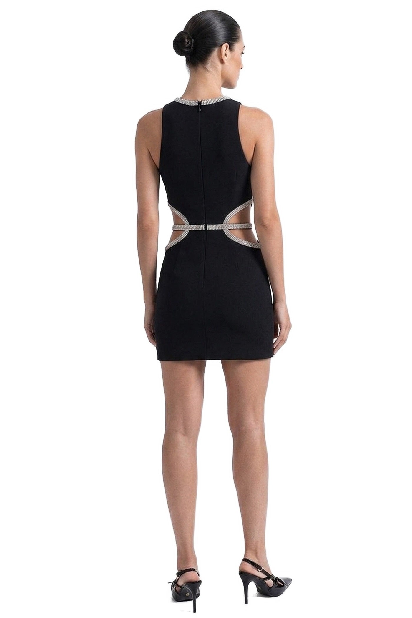 Emille Mini Dress With Crystal Flower Waist And Diamond-Trim Straps - Black
