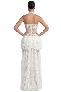 Mélanthe Lace Halter Gown With Sheer Corset And Tiered Ruffle Peplum - White