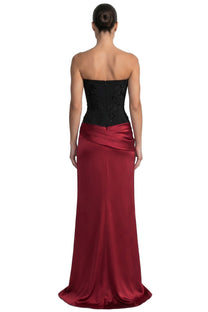 Léonie Strapless Colorblock Gown With Satin Skirt And Bow Tie - Black/Red
