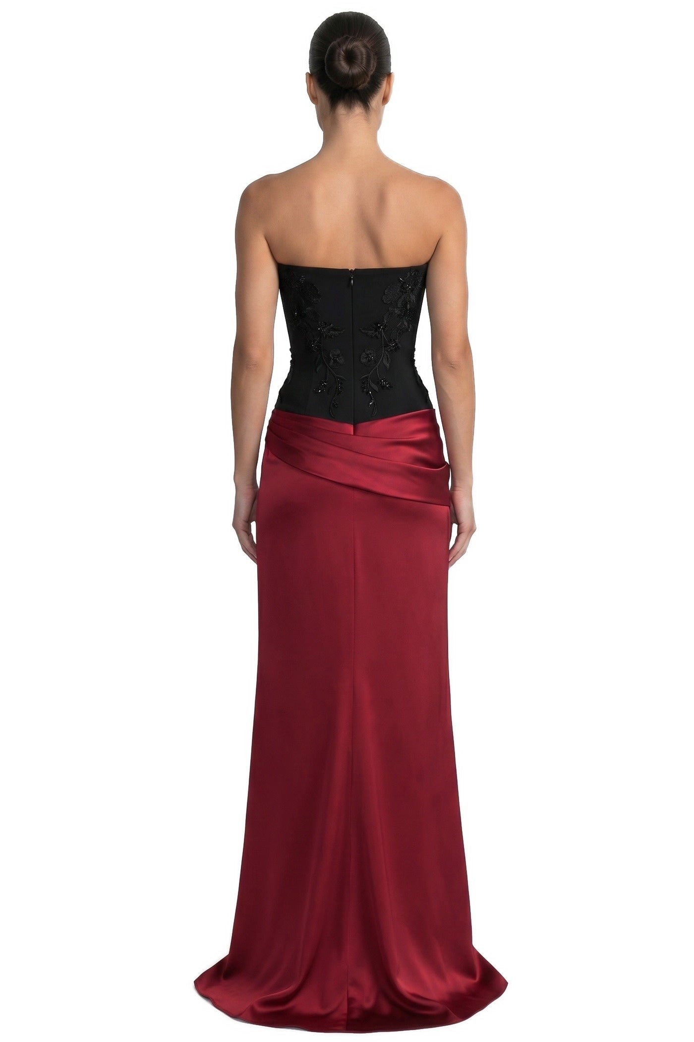 Léonie Strapless Colorblock Gown With Satin Skirt And Bow Tie - Black/Red